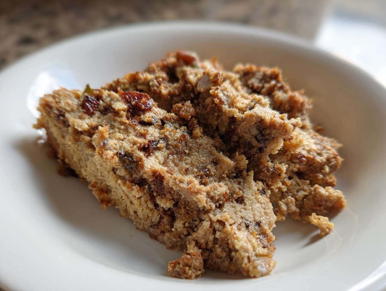 Zbliżenie na porcję dania Pasta z resztek pieczonego mięsa, wyglądającego jak zapiekanka lub pasztet, na białym talerzu.