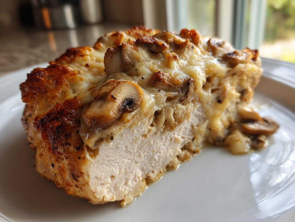 Przekrój soczystej piersi z kurczaka zapiekanej pod pierzynką z pieczarek i sera.