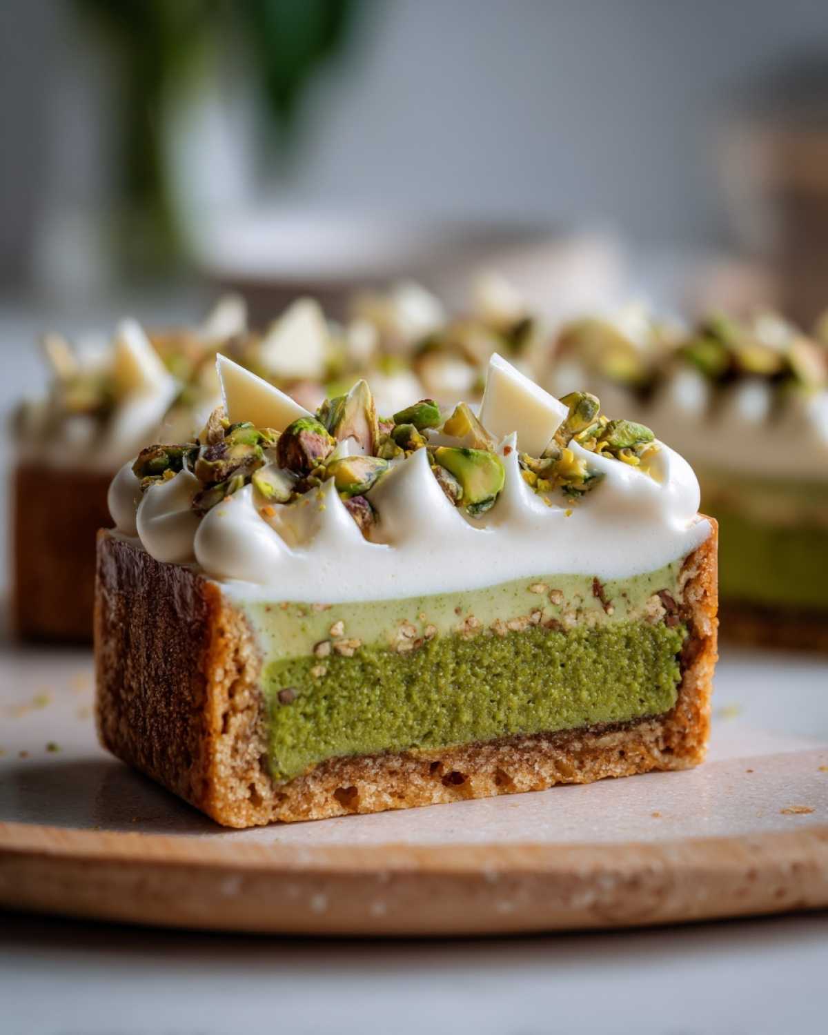 Przekrój Mazurka pistacjowego z mascarpone, widoczna zielona masa pistacjowa i krem.