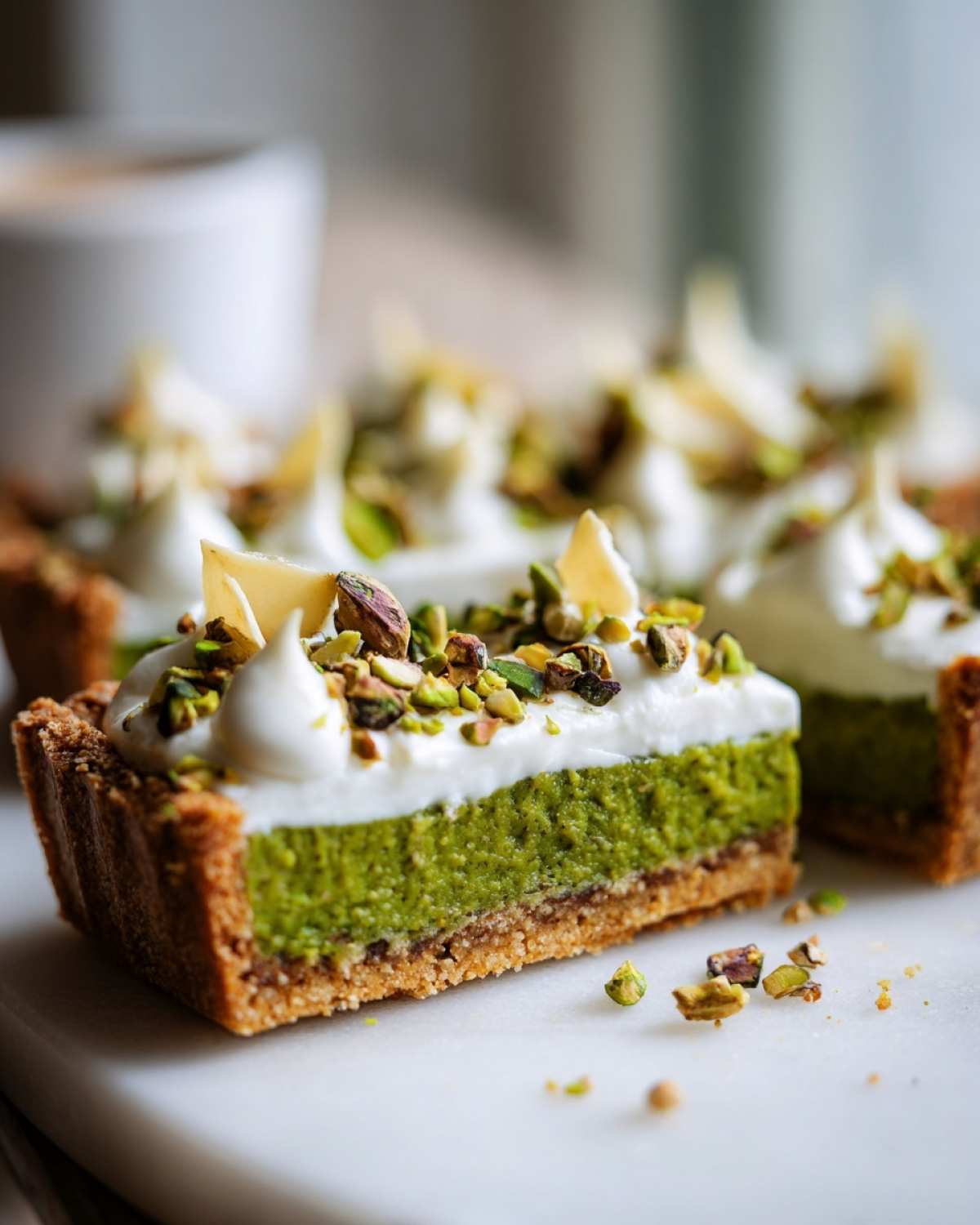 Zbliżenie na przekrój Mazurka pistacjowego z mascarpone z zielonym nadzieniem i posypką z orzechów.