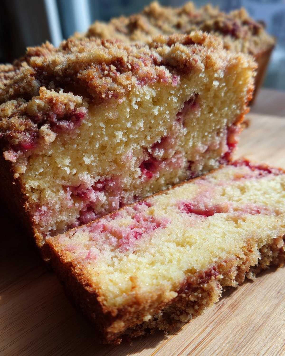 Przekrojone puszyste ciasto drożdżowe z rabarbarem i kruszonką na drewnianej desce.