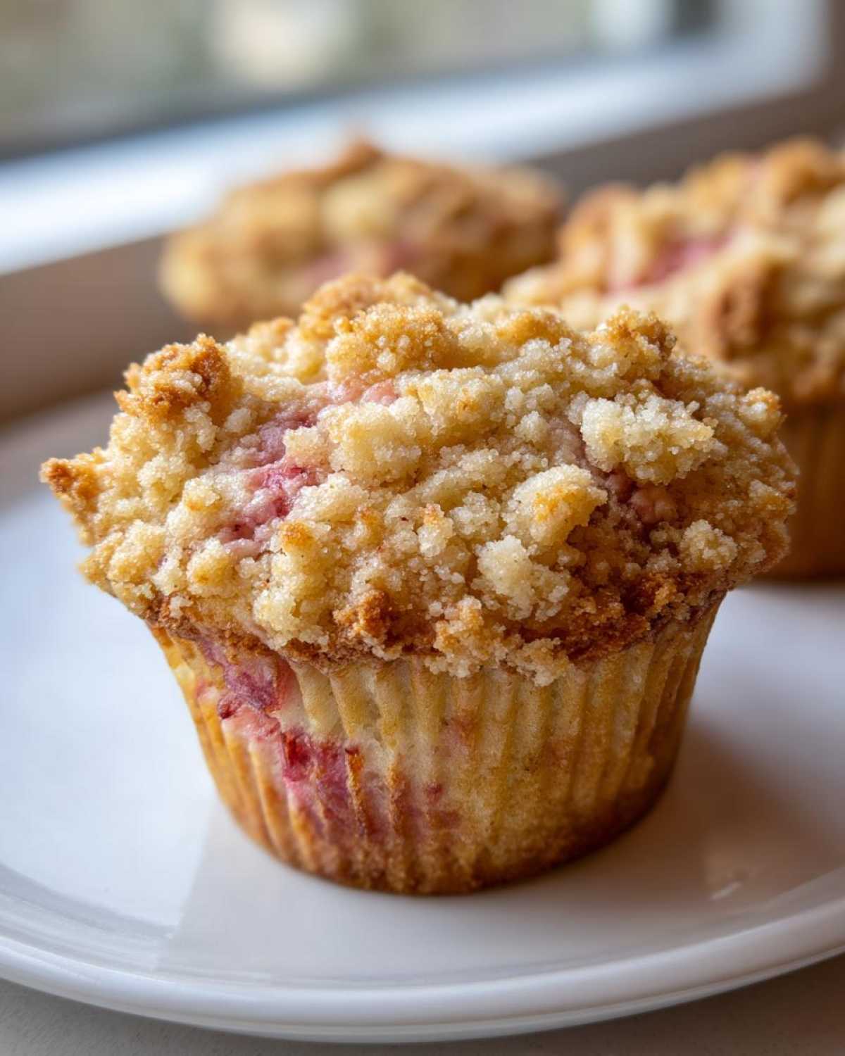 Zbliżenie na puszyste muffinki z rabarbarem i obfitą, chrupiącą kruszonką na wierzchu.