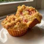 Przekrojona na pół puszysta muffinka z rabarbarem i chrupiącą kruszonką na wierzchu.