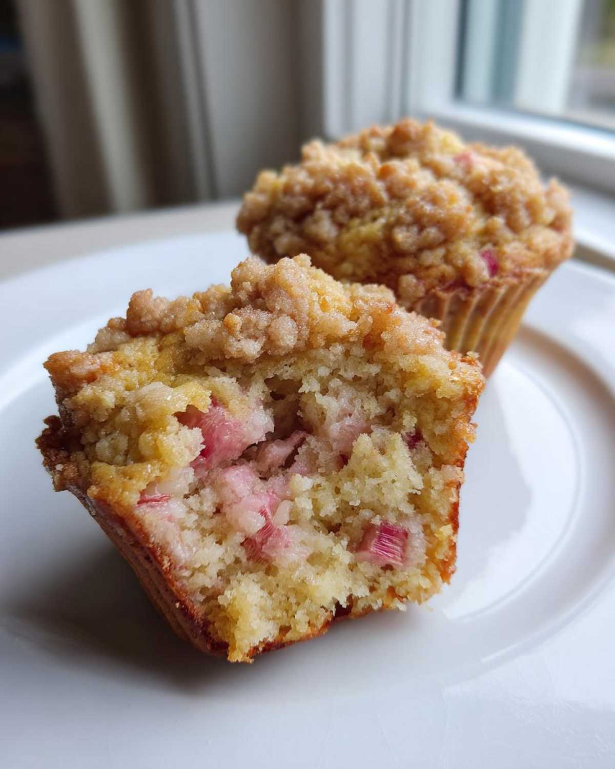 Przekrojony na pół jeden z puszystych muffinek z rabarbarem i chrupiącą kruszonką na białym talerzyku.