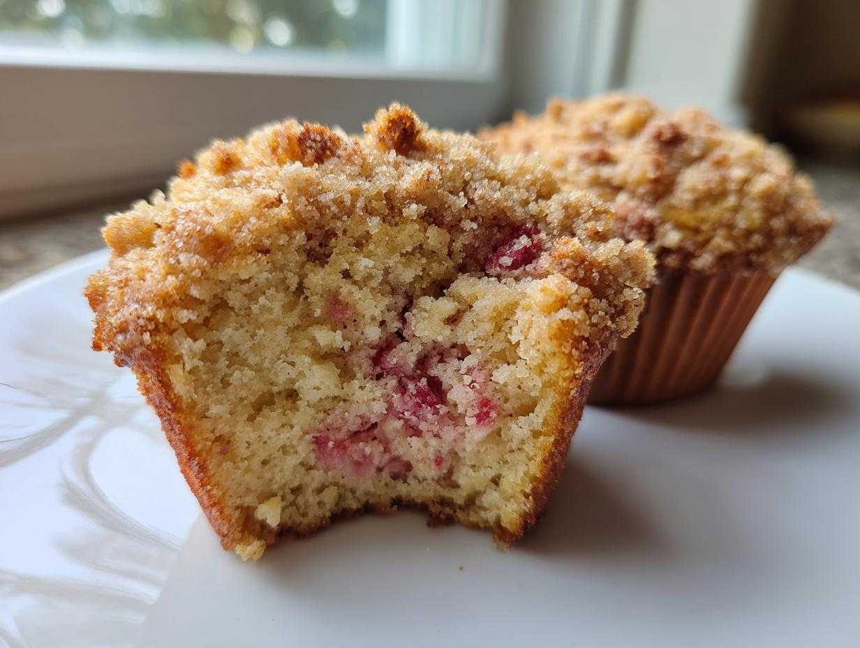 Przekrojone na pół puszyste muffinki z rabarbarem i chrupiącą kruszonką na białym talerzyku.