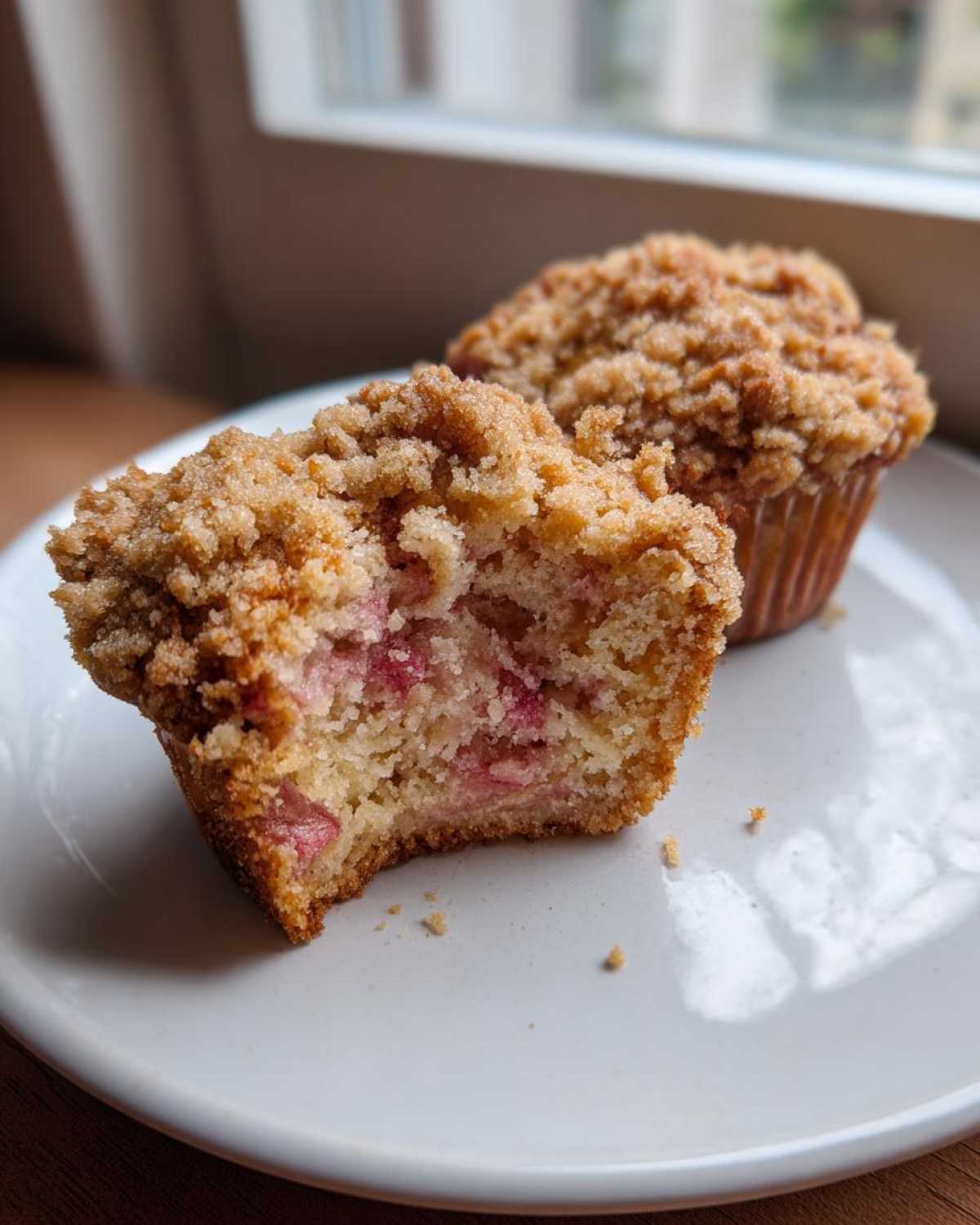 Przekrojone puszyste muffinki z rabarbarem i chrupiącą kruszonką na białym talerzyku.