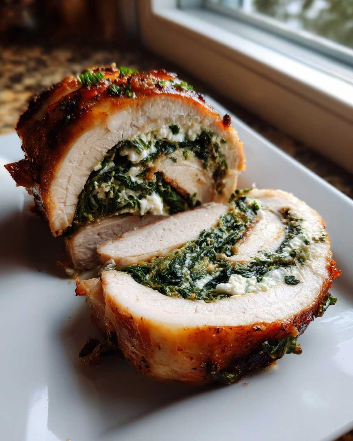 Przekrój soczystej Rolady z indyka nadziewanej szpinakiem i serem feta, podanej na białym talerzu.
