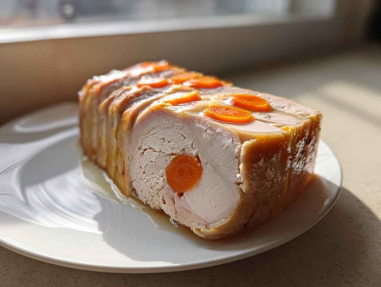 Przekrój schabu w galarecie z widocznymi plastrami gotowanej marchewki, serwowany na białym talerzu.