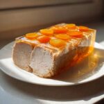 Przekrojony Schab w galarecie z widocznymi kawałkami suszonych moreli na wierzchu, serwowany na białym talerzu.