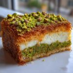 Przekrój Sernika dubajskiego z warstwą kremu, pistacjami i chrupiącymi nitkami ciasta kataifi.