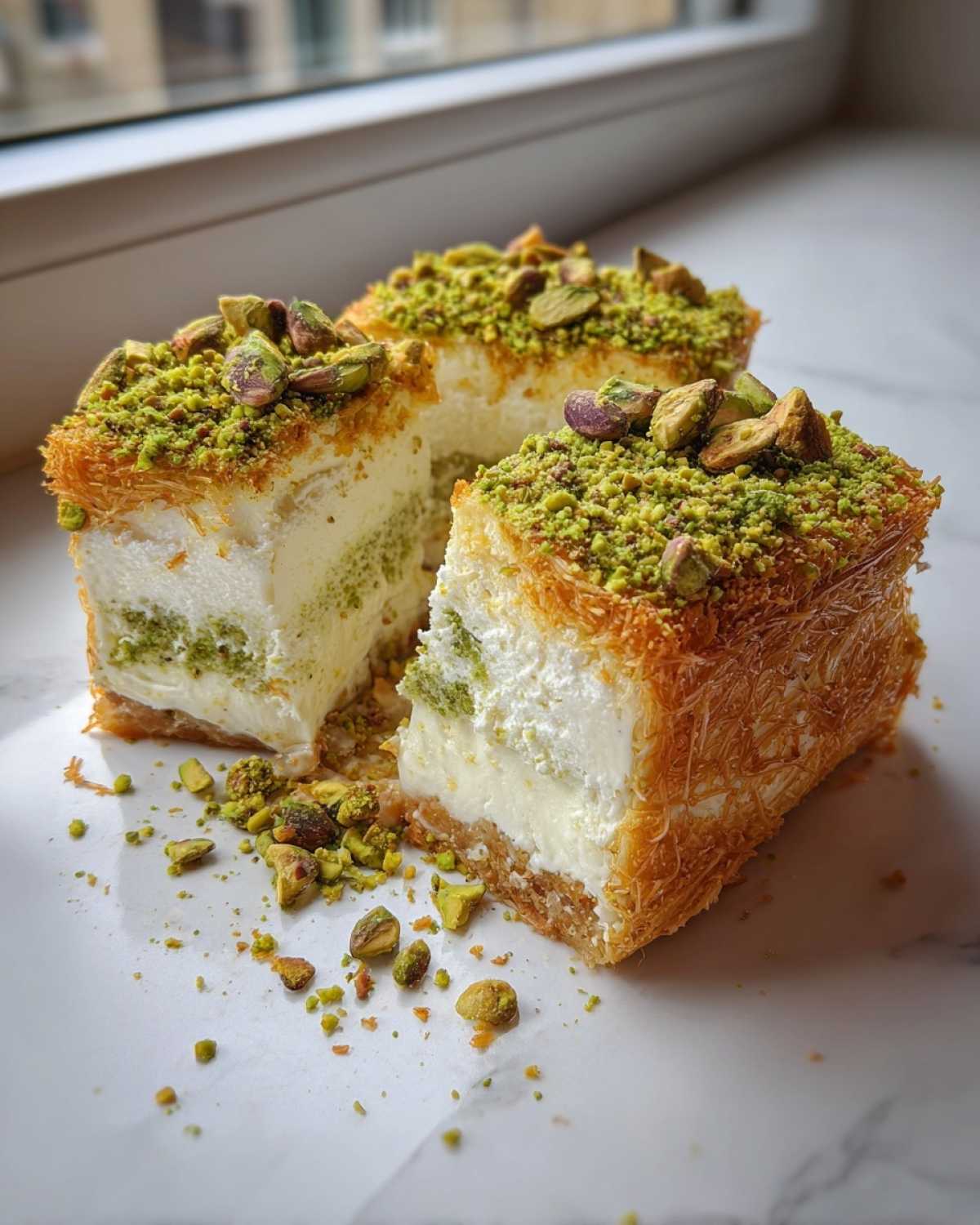 Trzy kawałki Sernika dubajskiego z kremowym nadzieniem i wierzchem obficie posypanym kruszonymi pistacjami.