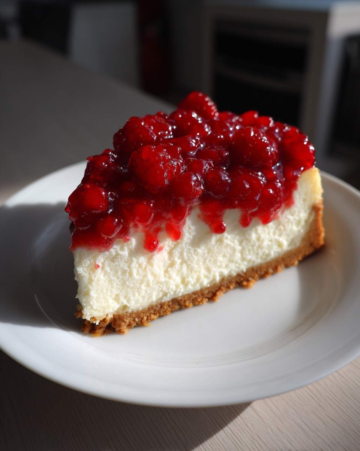 Kawałek kremowego sernika z grubą warstwą błyszczącej polewy malinowej na białym talerzu.