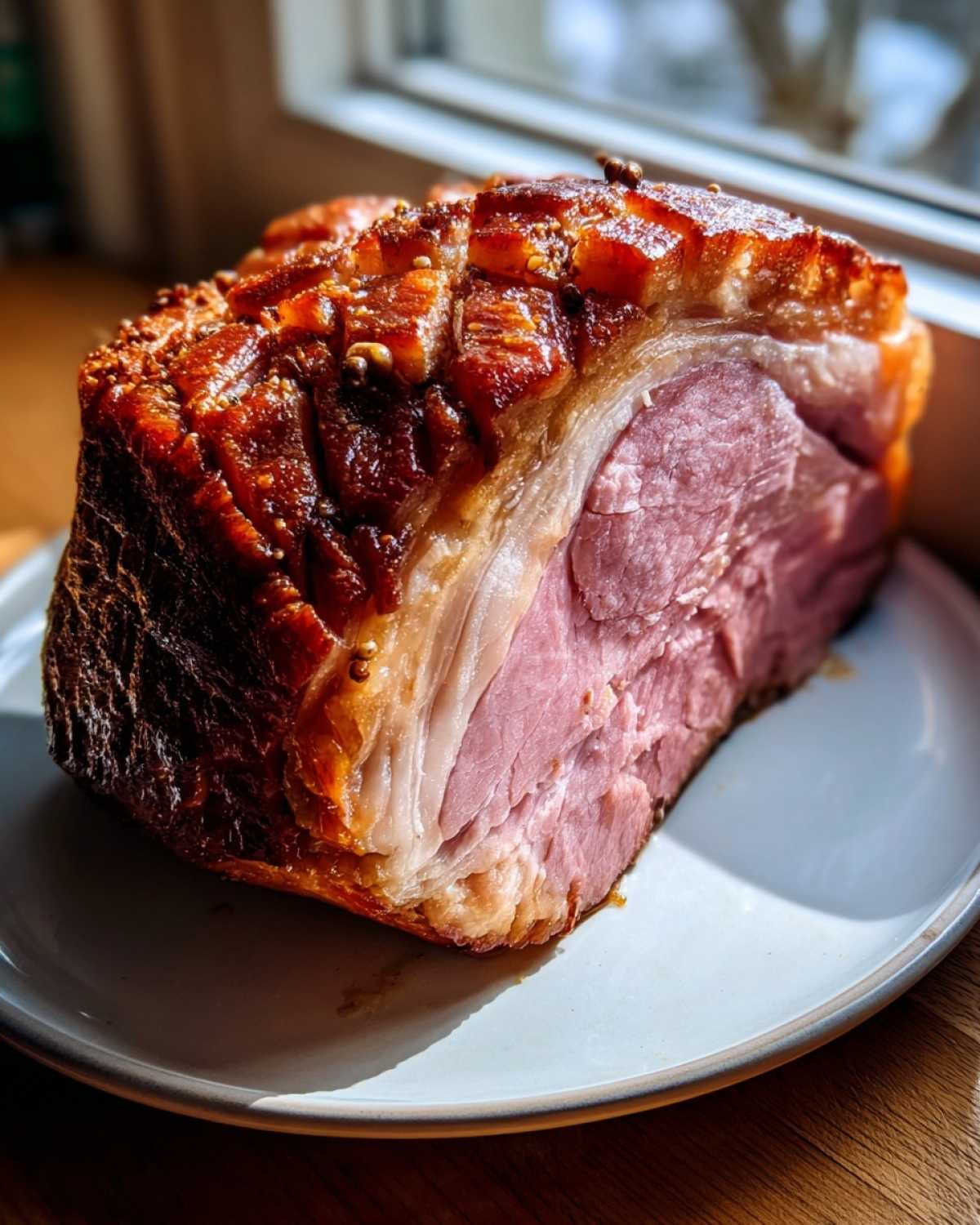 Zbliżenie na duży kawałek Pieczona szynka z pięknie skarmelizowaną i naciętą skórką.