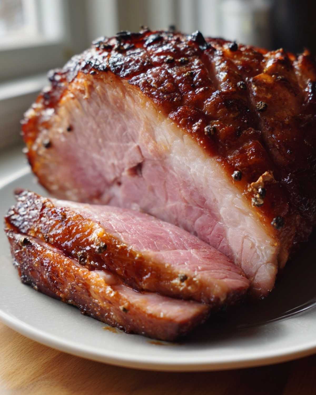 Zbliżenie na soczystą Pieczona szynka z błyszczącą, karmelizowaną glazurą i ziarnami pieprzu.