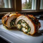 Przekrój soczystej rolady z indyka faszerowanej szpinakiem i serem feta, podanej na białym talerzu.