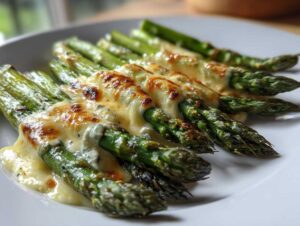 Zbliżenie na zielone szparagi pieczone pod warstwą roztopionego sera camembert na białym talerzu.