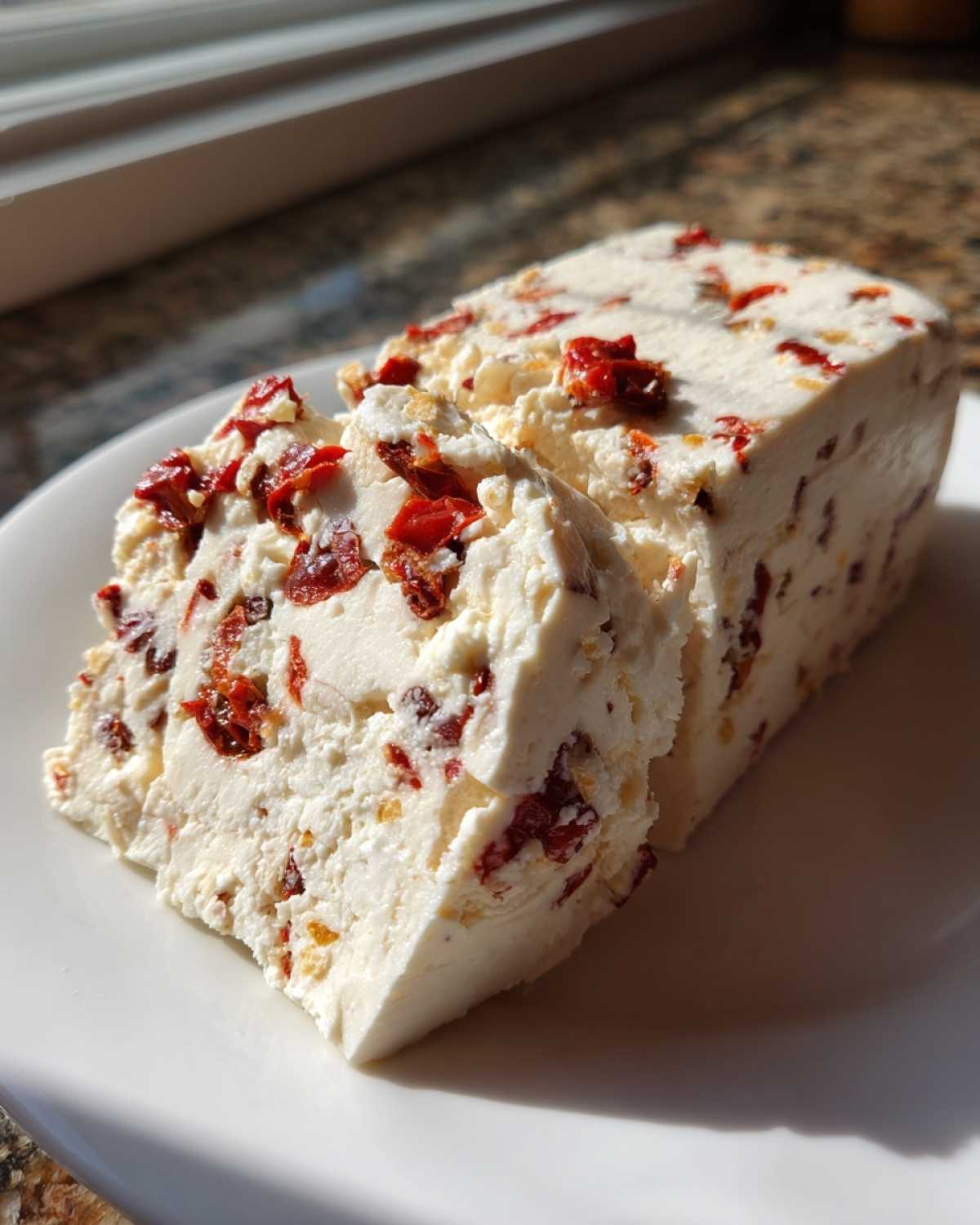 Przekrojona na kawałki kremowa terrina z chrzanem i suszonymi pomidorami na białym talerzu.