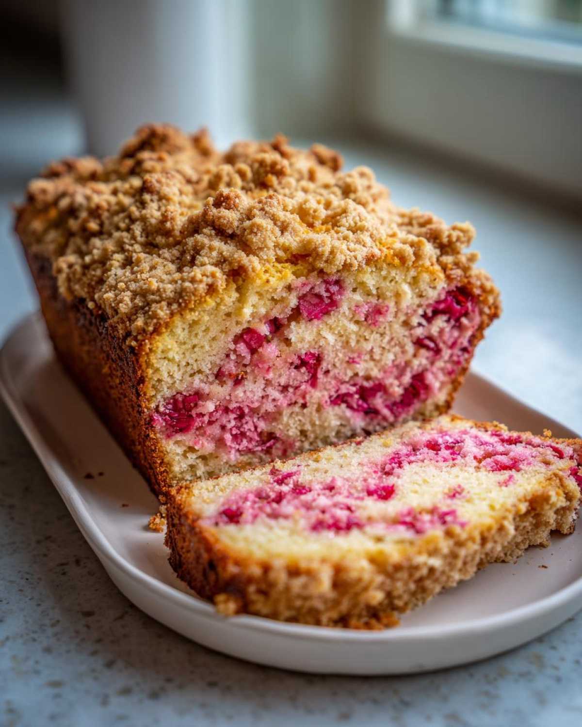 Zbliżenie na przekrojone wegańskie ciasto owocowe z rabarbarem i obfitą roślinną kruszonką.