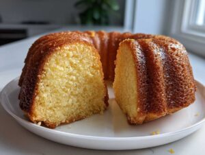 Przekrojona Babka bezglutenowa z błyszczącą, złocistą skórką, na białym talerzu.