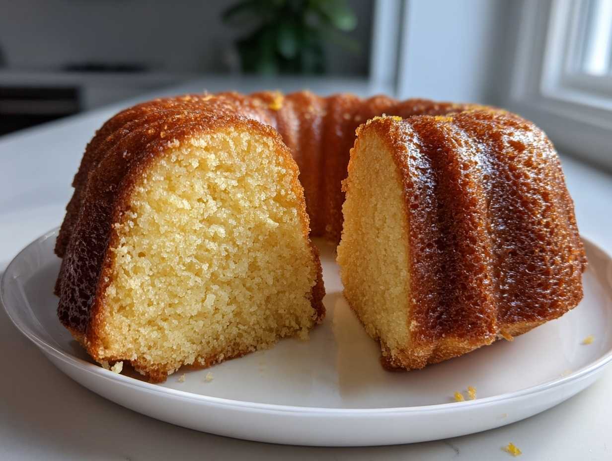 Przekrojona Babka bezglutenowa z błyszczącą, złocistą skórką, na białym talerzu.