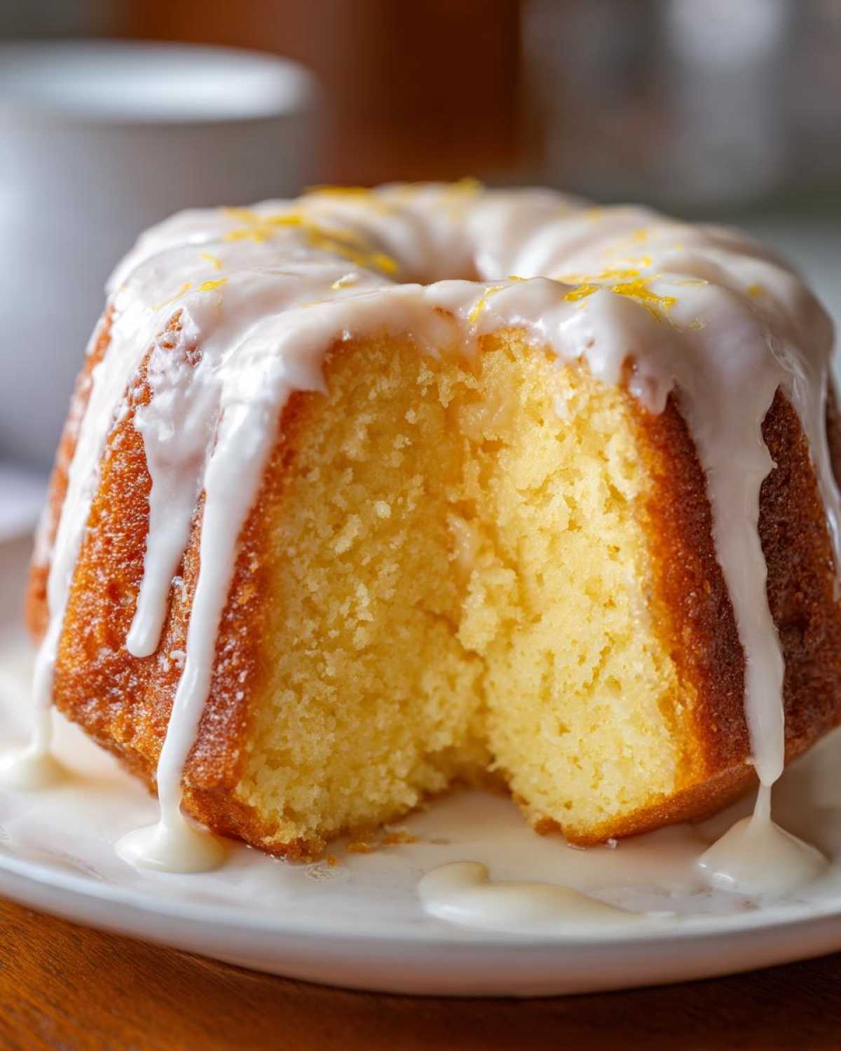 Przekrojona wilgotna babka cytrynowa ucierana polana gęstym białym lukrem i posypana skórką cytrynową.