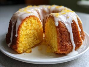 Przekrojona Wilgotna babka cytrynowa ucierana polana białym lukrem i posypana skórką cytrynową.