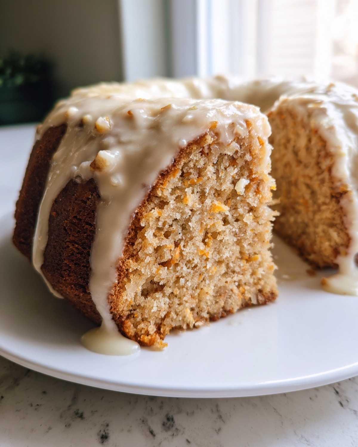 Przekrojona babka marchewkowa polana gęstym, kremowym lukrem, widoczne kawałki marchewki w cieście.