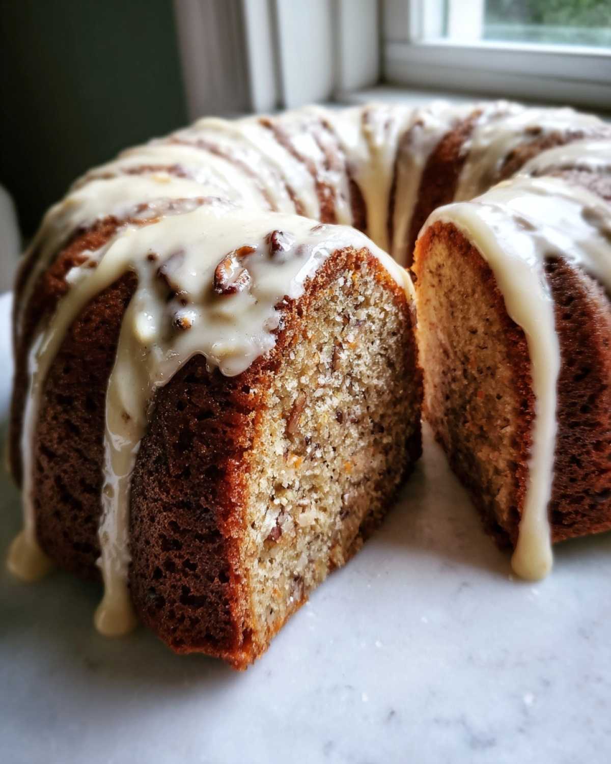 Przekrojona babka marchewkowa polana kremowym lukrem, widoczne kawałki orzechów.