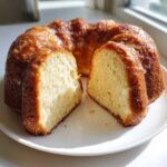 Przekrojona babka serowa z błyszczącym lukrem na białym talerzu, ukazująca puszysty środek.