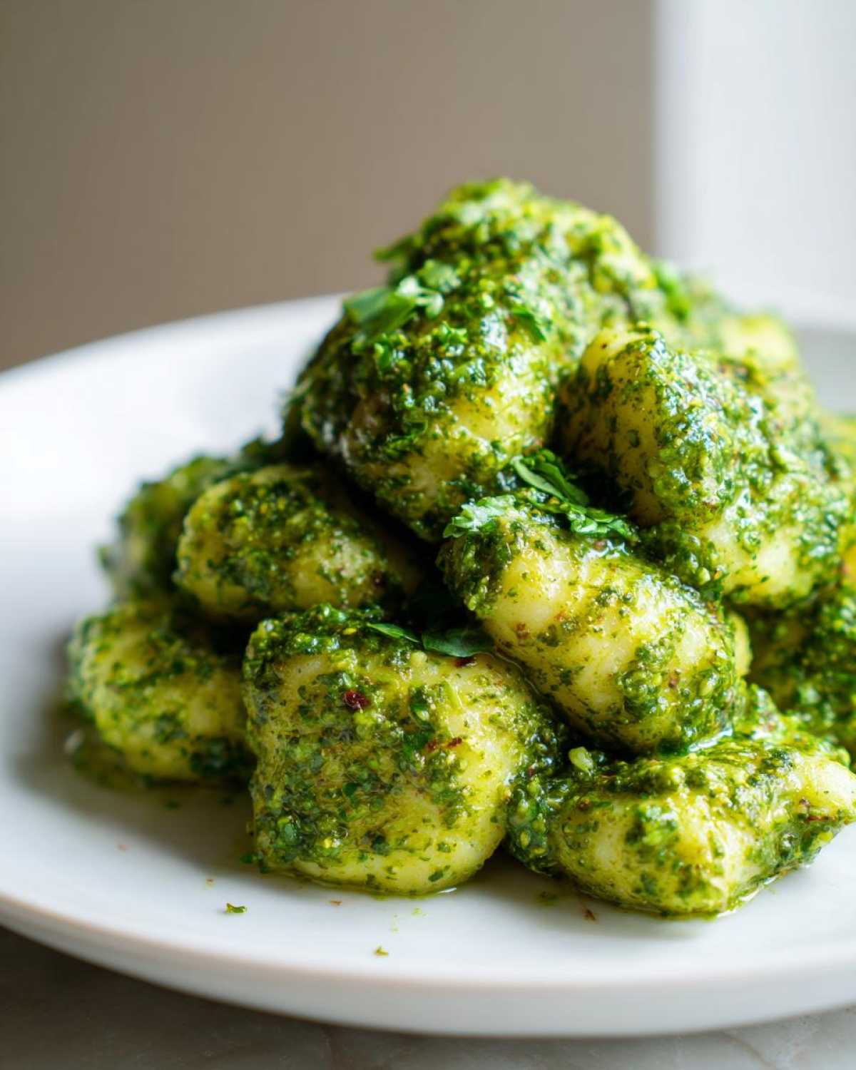 Zbliżenie na porcję Włoskie gnocchi z domowym pesto bazyliowym, obficie polane zielonym sosem.