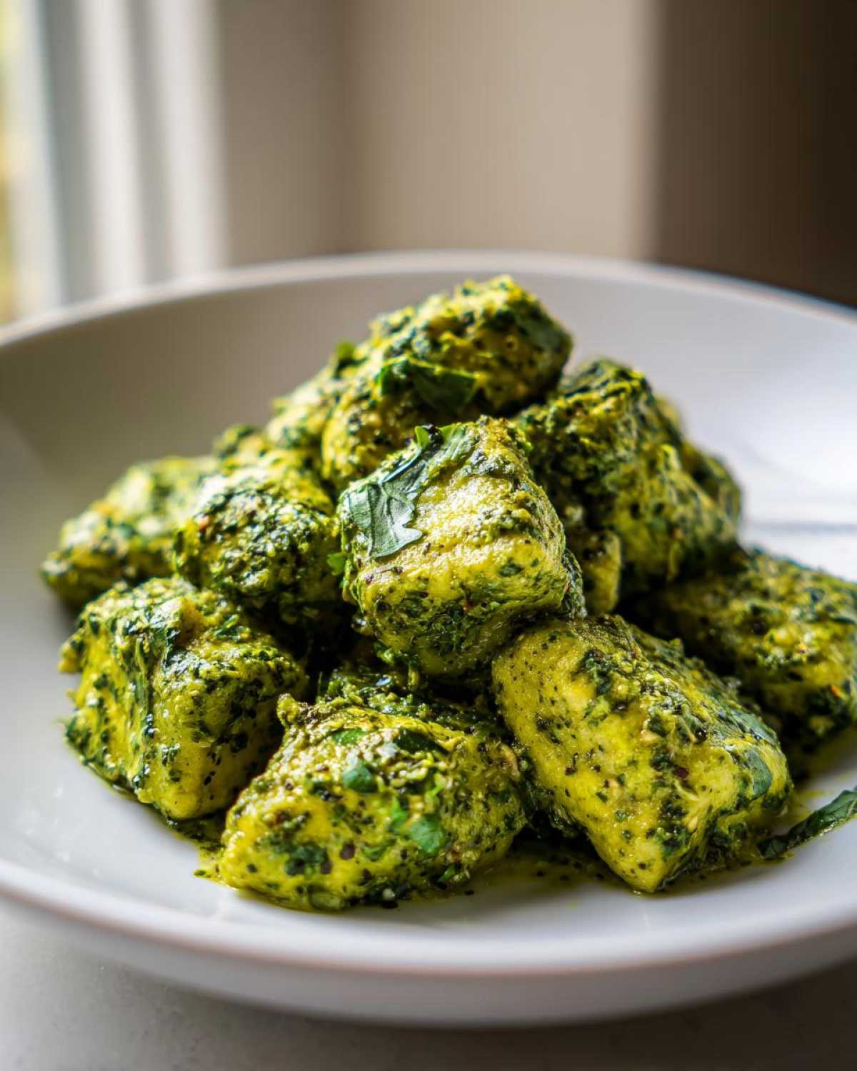 Zbliżenie na porcję włoskie gnocchi z domowym pesto bazyliowym w białej misce.