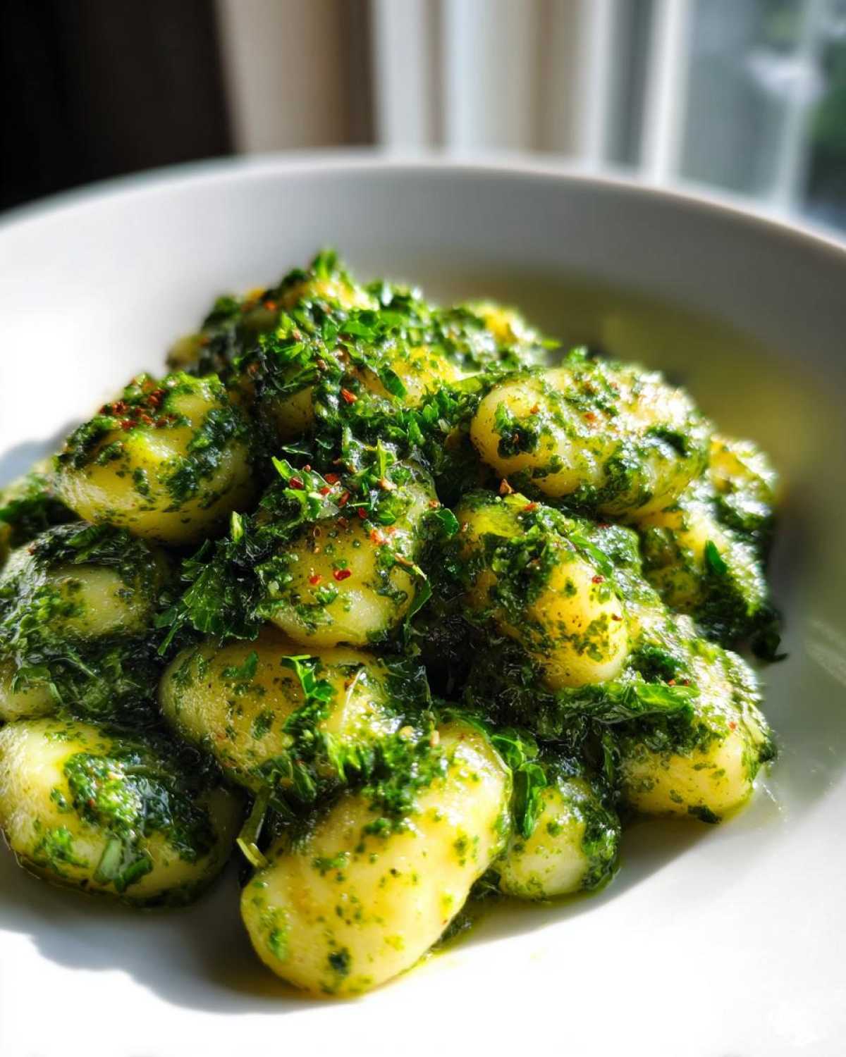 Zbliżenie na porcję włoskie gnocchi z domowym pesto bazyliowym, obficie polane sosem.