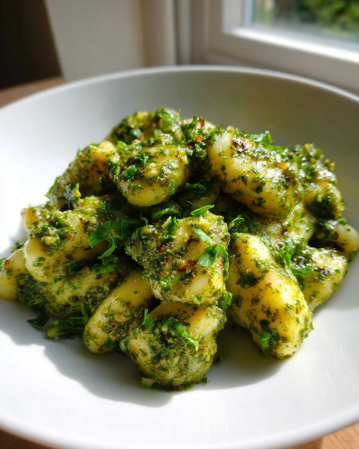 Zbliżenie na porcję włoskie gnocchi z domowym pesto bazyliowym w białej misce.