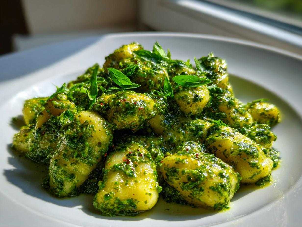 Zbliżenie na puszyste włoskie gnocchi polane gęstym, zielonym domowym pesto bazyliowym.