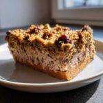 Kawałek zapiekanki z resztek pieczonego mięsa na ciemnym chlebie, podany na białym talerzu.