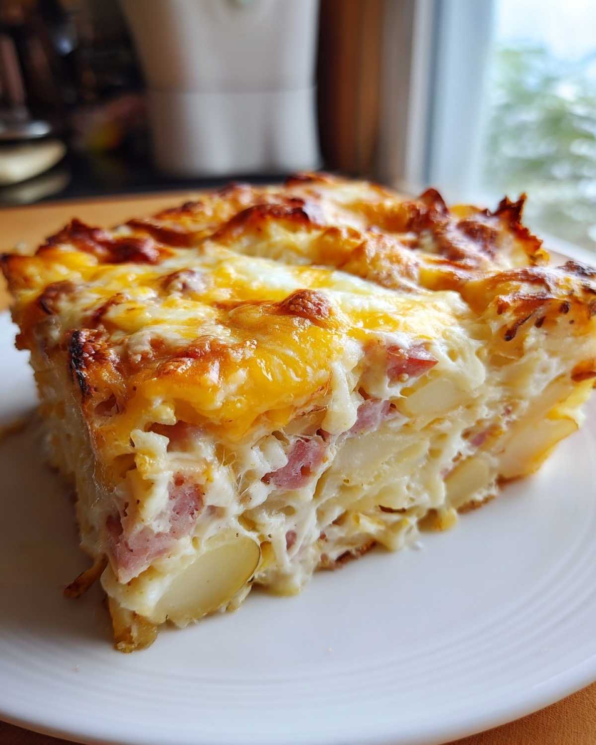 Kawałek zapiekanki z resztek po świętach z warstwami ziemniaków, szynki i zapieczonego sera.