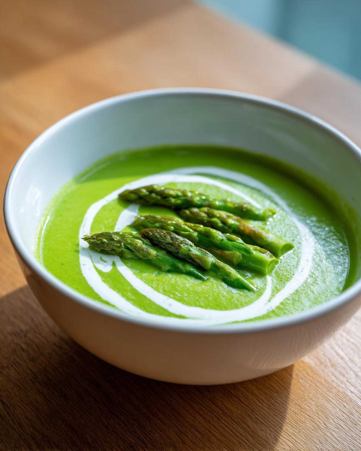 Zielona Zupa szparagowa krem ozdobiona śmietaną i grillowanymi szparagami w białej misce.
