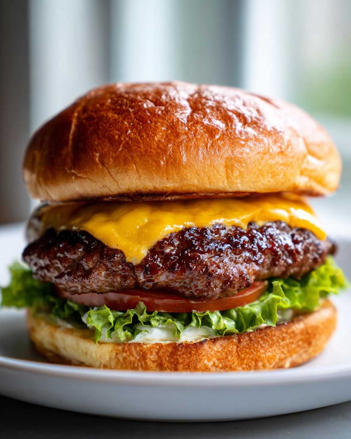 Zbliżenie na soczystego cheseburgera: grillowany kotlet wołowy, topiący się ser, sałata i pomidor w maślanej bułce. Idealne hamburgery wołowe domowe.