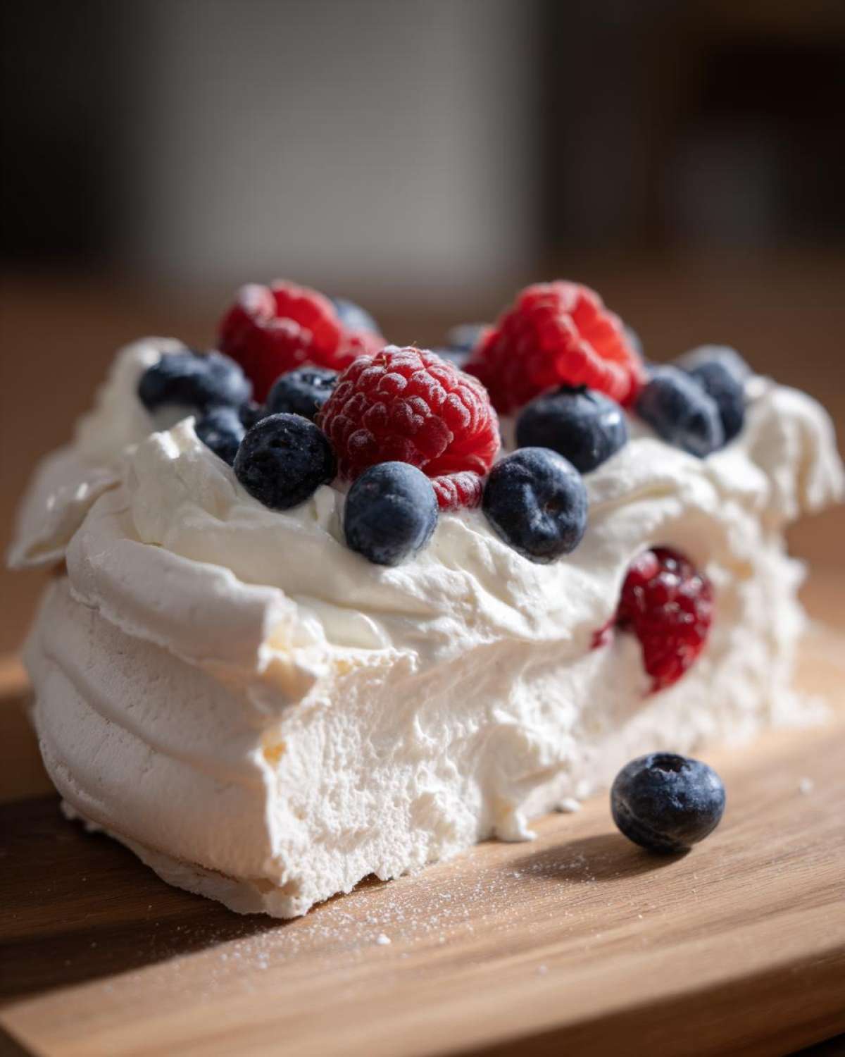 Zbliżenie na kawałek Bezy Pavlova z owocami leśnymi, bitą śmietaną i borówkami na drewnianej desce.