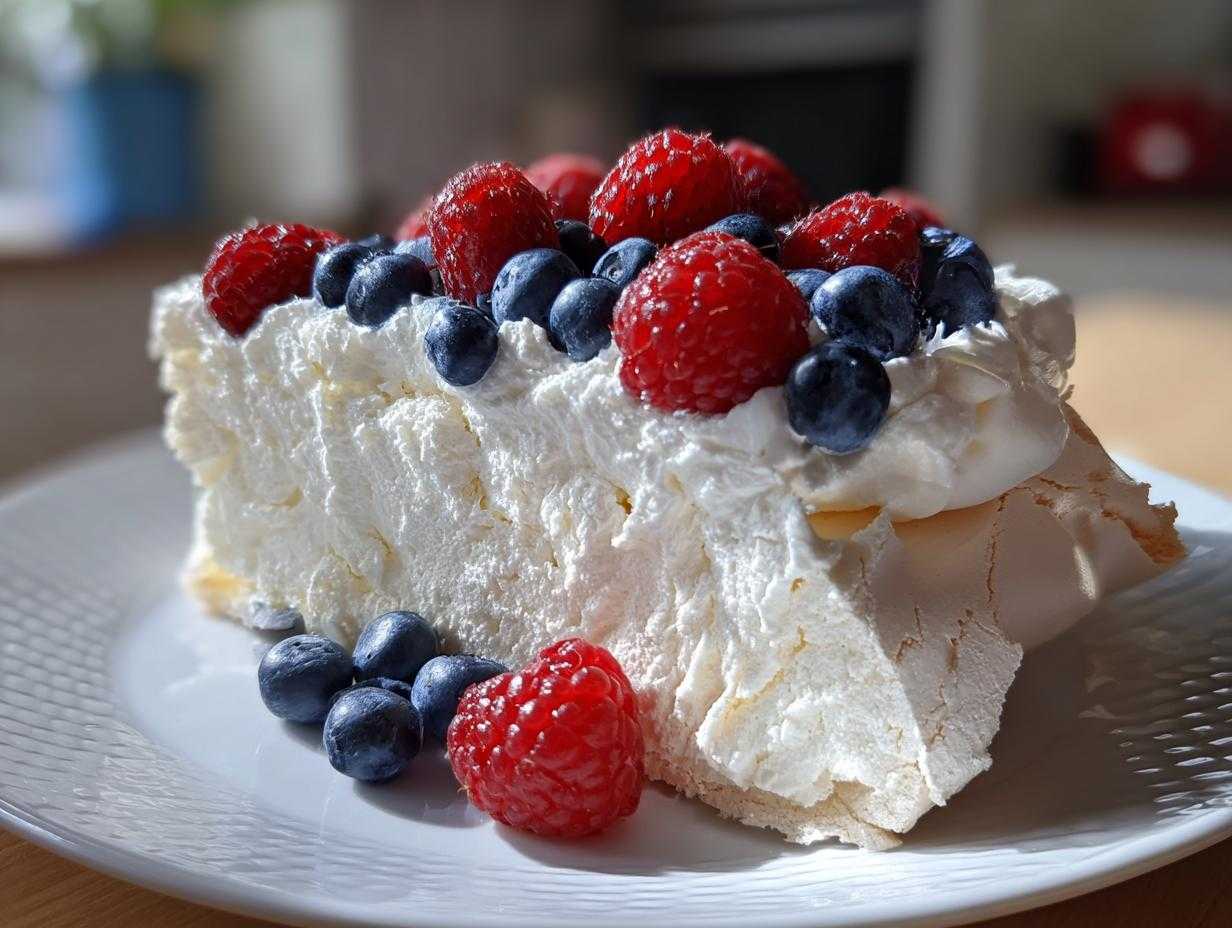 Zbliżenie na kawałek Bezy Pavlova z owocami leśnymi, udekorowany bitą śmietaną, malinami i borówkami.