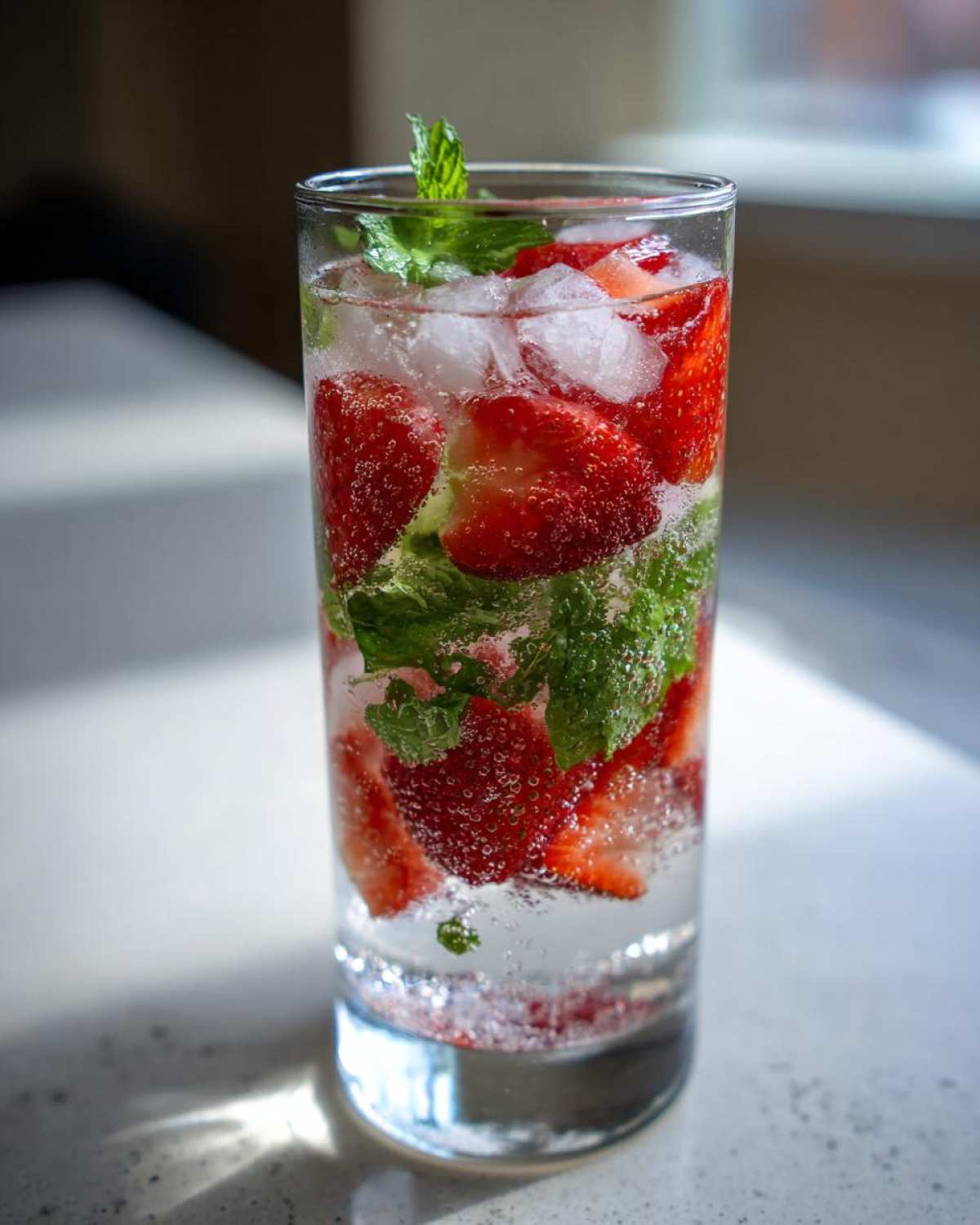 Zbliżenie na szklankę orzeźwiającego bezalkoholowe mojito truskawkowe z lodem, świeżymi truskawkami i miętą.