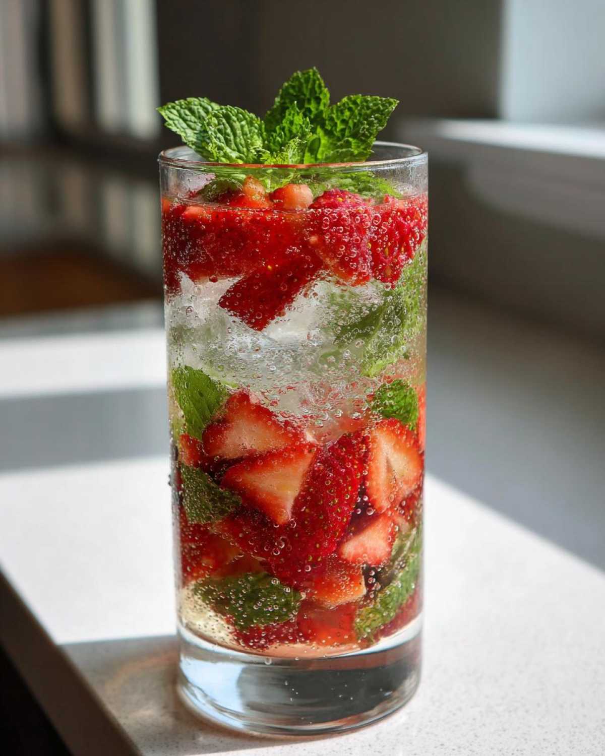 Zbliżenie na szklankę orzeźwiającego bezalkoholowego mojito truskawkowego z kawałkami truskawek i miętą.