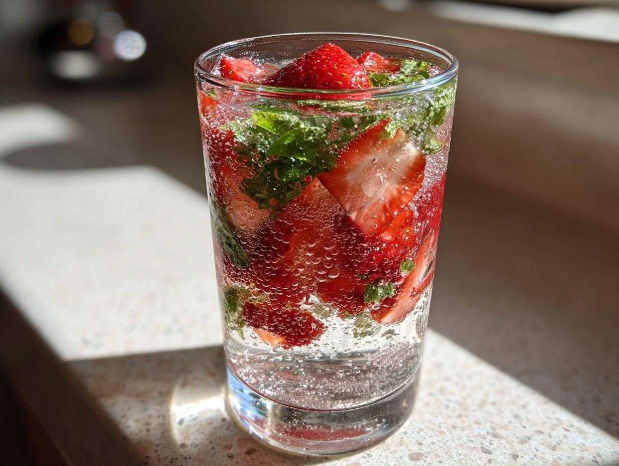 Szklanka z orzeźwiającym bezalkoholowym mojito truskawkowym, pełna lodu, plasterków truskawek i mięty.