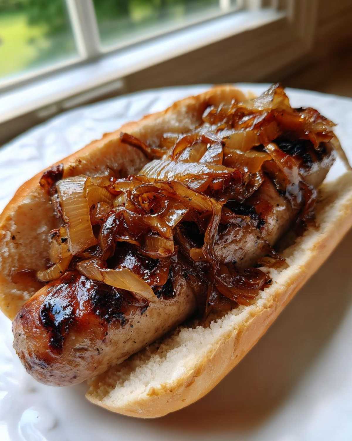 Zbliżenie na grillowaną białą kiełbasę z cebulką na białej bułce.