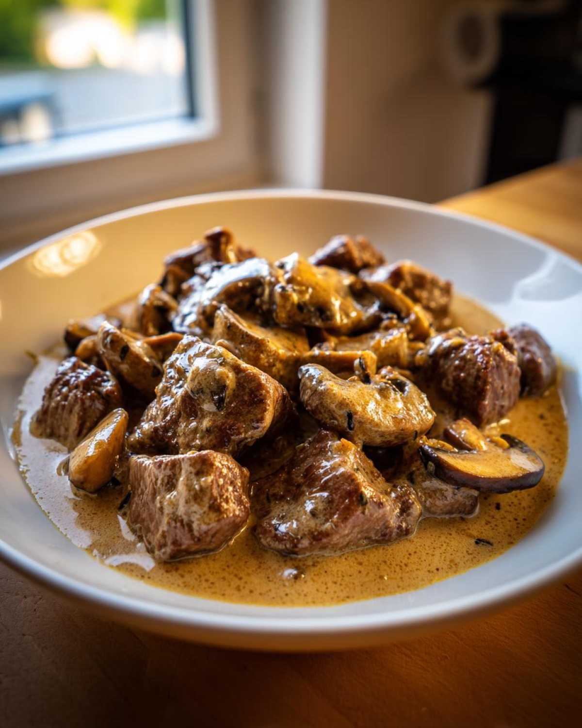 Zbliżenie na porcję Boeuf strogonow z wołowiny i pieczarek w kremowym sosie w białej misce.