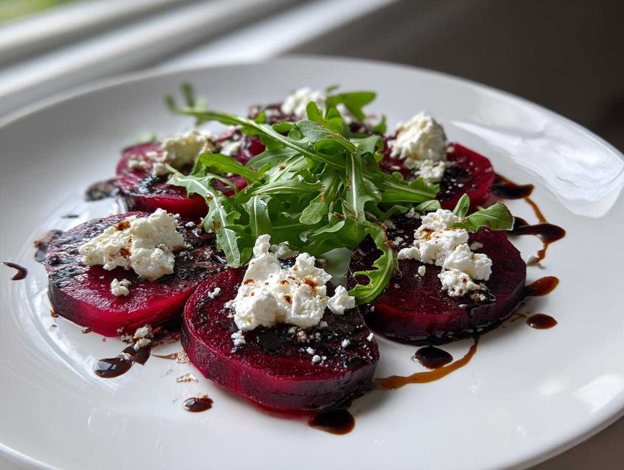 Pięć plastrów gotowanego buraka ułożonych na talerzu, udekorowanych kozim serem, rukolą i sosem balsamicznym. Idealne Carpaccio z buraka z kozim serem.