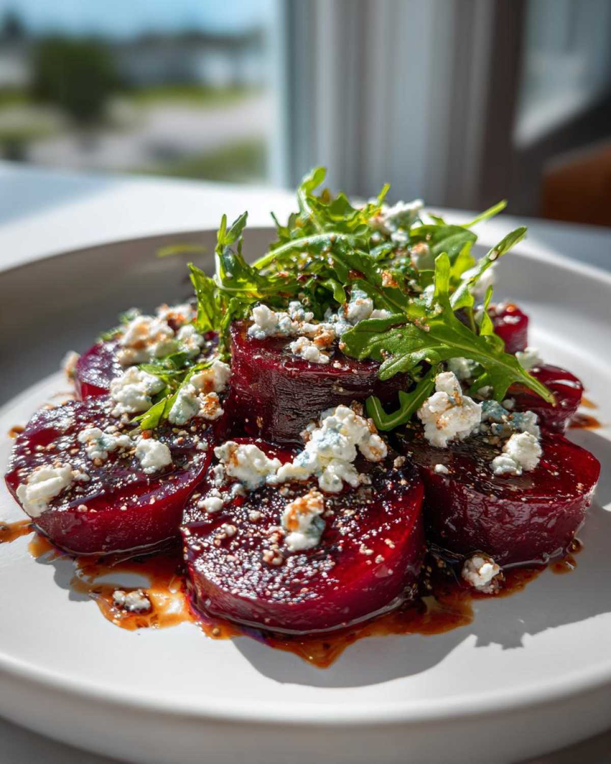 Zbliżenie na talerz z plastrami Carpaccio z buraka z kozim serem, rukolą i sosem balsamicznym.