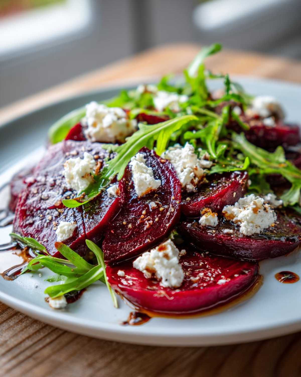 Zbliżenie na talerz z Carpaccio z buraka z kozim serem, polane sosem balsamicznym i rukolą.
