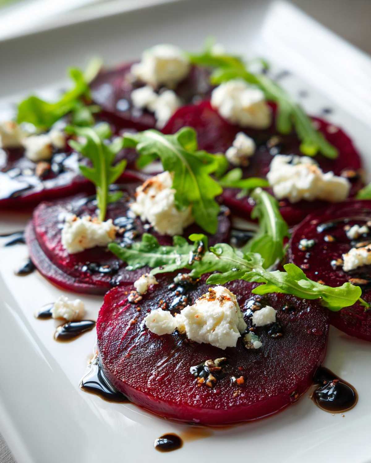Zbliżenie na talerz z plastrami Carpaccio z buraka z kozim serem, rukolą i sosem balsamicznym.