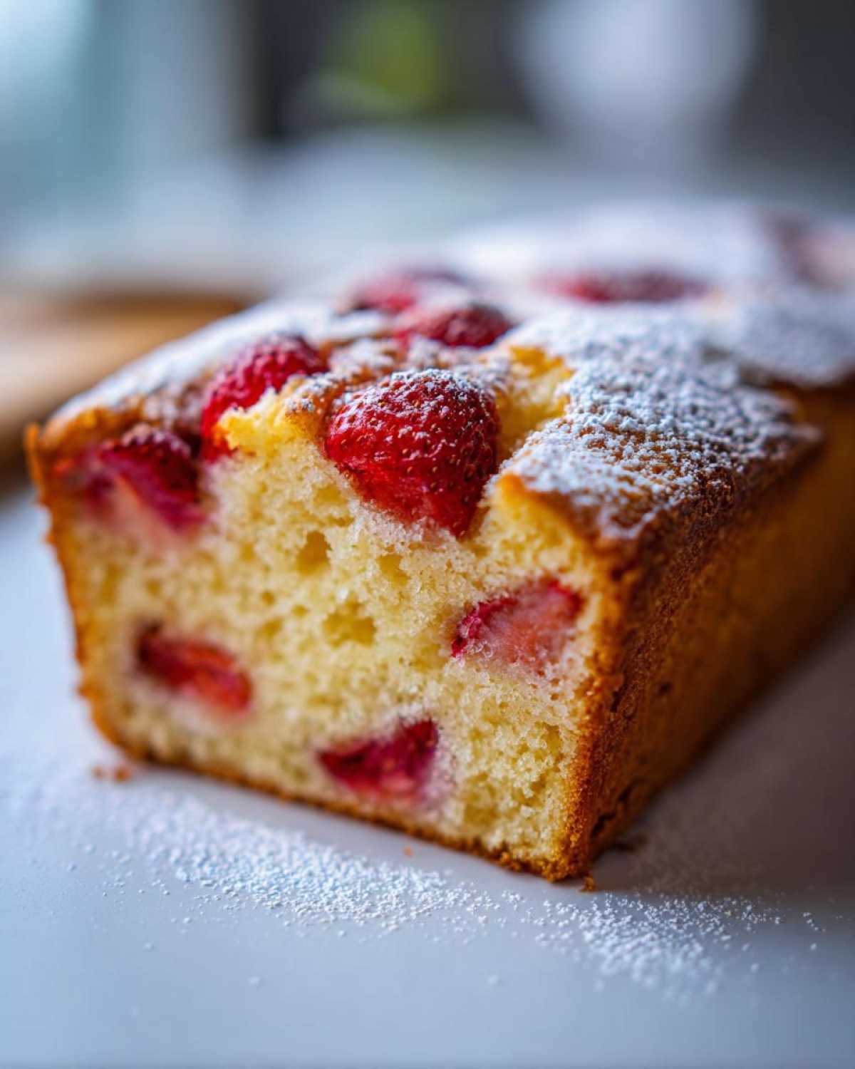 Zbliżenie na przekrój ciasta ucieranego z wczesnymi truskawkami, posypanego cukrem pudrem.